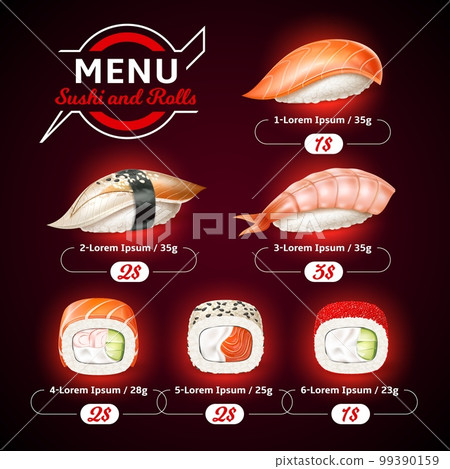 Realistic sushi menu. Japan food poster, yummy seafood with boiled rice and nori seaweed, salmon, shrimp and caviar, 3d isolated elements, copy space for text and price, utter vector concept Realistic sushi menu. Japan food poster, yummy seafood with boiled rice and nori seaweed, salmon, shrimp and caviar, 3d isolated elements, copy space for text and price, utter vector concept 99390159