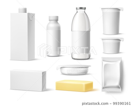 Realistic milk products. Dairy food and drinks. Different blank white packaging plastic, glass and cardboard, yogurt, butter and cottage cheese, 3d isolated elements, utter vector mockup set Realistic milk products. Dairy food and drinks. Different blank white packaging plastic, glass and cardboard, yogurt, butter and cottage cheese, 3d isolated elements, utter vector mockup set 99390161