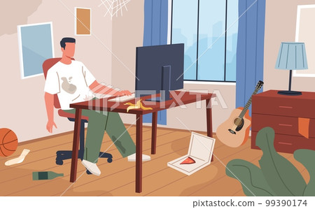 Lazy man at home. Guy leading sedentary lifestyle, homebody sitting at computer, room clutter, clothes dirt stains, dirty messy house, procrastination boy, nowaday vector cartoon flat concept Lazy man at home. Guy leading sedentary lifestyle, homebody sitting at computer, room clutter, clothes dirt stains, dirty messy house, procrastination boy, nowaday vector cartoon flat concept 99390174