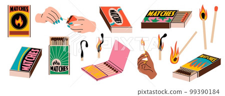Cartoon flaming matches. Human hands light matchsticks, strike spark about box, packaging and labels, burning and extinct, contemporary elements for design, tidy vector cartoon flat set 99390184