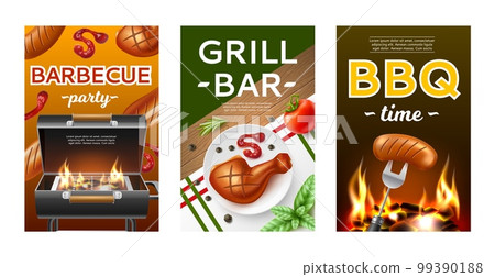Bbq grill cards. Roast outdoor cooking posters, fried meat with ketchup, open flame and embers, barbeque picnic preparing, party invitation and advertising banner, 3d isolated utter vector set Bbq grill cards. Roast outdoor cooking posters, fried meat with ketchup, open flame and embers, barbeque picnic preparing, party invitation and advertising banner, 3d isolated utter vector set 99390188