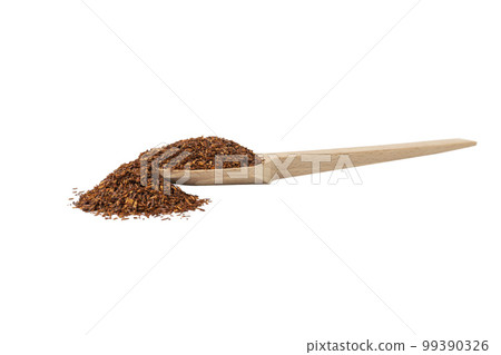 Rooibos tea medium cut on wooden spoon isolated on white background. Rooibos in latin Aspalathus linearis. herb. herbal tea. food ingredient. 99390326