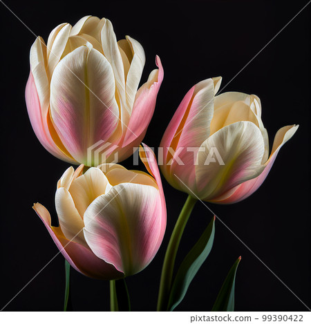 Lovely pale pink powdery tulips isolated on black. Beautiful floral spring background, wallpaper with gorgeous flowers 99390422