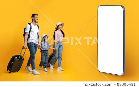 Happy family of three with suitcases going on vacation, mockup 99390481