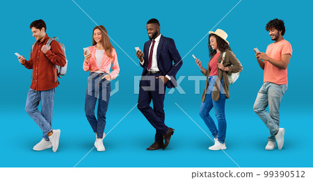 Collage With Diverse Multiethnic People Communicating Online On Smartphones Over Blue Background Collage With Diverse Multiethnic People Communicating Online On Smartphones Over Blue Background 99390512