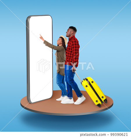 Stylish couple tourists using big phone with blank screen, collage Stylish couple tourists using big phone with blank screen, collage 99390621