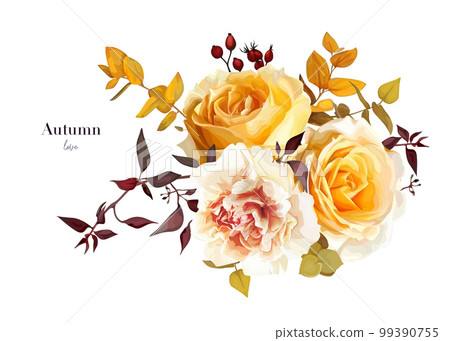 Vector watercolor bouquet. Autumn yellow rose flowers, carnation, orange eucalyptus leaves, burgundy branches editable floral illustration. Fall wedding invitation card, thanksgiving greeting template Vector watercolor bouquet. Autumn yellow rose flowers, carnation, orange eucalyptus leaves, burgundy branches editable floral illustration. Fall wedding invitation card, thanksgiving greeting template 99390755