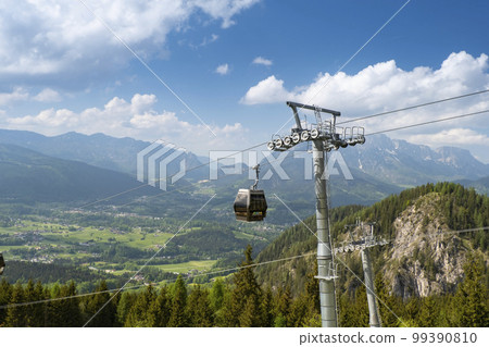 Cable car and summer mountain landscape in Nationalpark Berchtesgadener, Bavaria, Germany Cable car and summer mountain landscape in Nationalpark Berchtesgadener, Bavaria, Germany 99390810