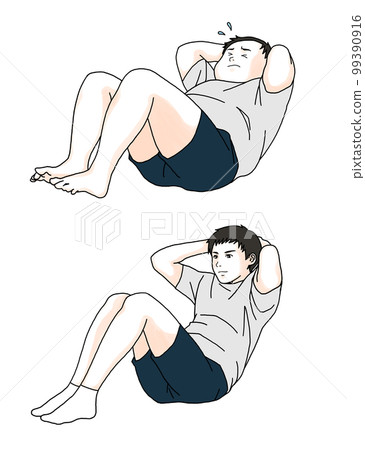一個男人在節食時做仰臥起坐的前後對比圖 99390916