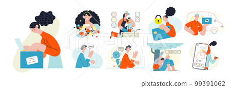 Online shopping and electronic commerce illustrations set - modern flat vector concept illustration of people and objects on online shopping. Promotion, discounts, sale and online orders concept 99391062