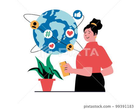 Social network concept with character situation. Woman actively uses online profile in mobile app, communicates, collects likes and hearts. Vector illustration with people scene in flat design for web Social network concept with character situation. Woman actively uses online profile in mobile app, communicates, collects likes and hearts. Vector illustration with people scene in flat design for web 99391183