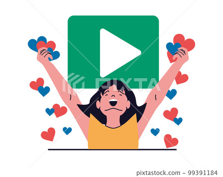 Social network concept with character situation. Happy excited woman collecting many likes and hearts from audience for new blog video. Vector illustration with people scene in flat design for web Social network concept with character situation. Happy excited woman collecting many likes and hearts from audience for new blog video. Vector illustration with people scene in flat design for web 99391184