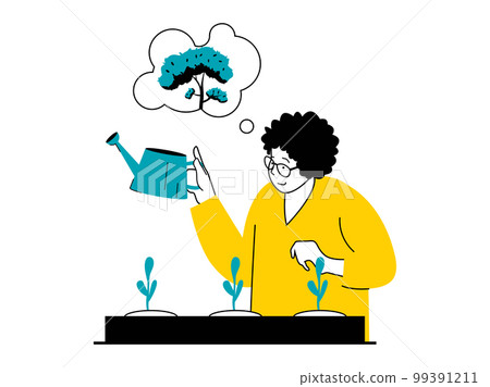 Save Earth concept with character situation. Woman eco volunteer grows young seedling of trees for planting in parks, nature conservation. Vector illustration with people scene in flat design for web 99391211