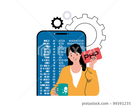 Programming software concept with character situation. Woman working with program code on mobile platform app, testing and optimization. Vector illustration with people scene in flat design for web 99391235