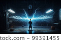 Back view of an inventor, electrical researcher, in a laboratory with extensive space and a flow of electrical discharges. 99391455