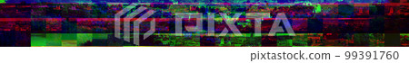 City View With Glitch Effect Of Electronics. Glitch Interlaced Multicolored Distorted Photo Of Cityscape Panorama. Digital Distortion. Purple Blue Green Noise 99391760