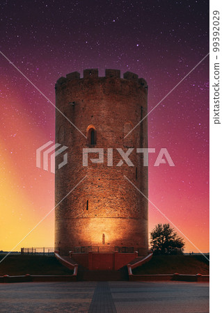Kamyenyets, Brest Region, Belarus. View Of Tower Of Kamyenyets In Evening Time. Sunset Dramatic Sky. Soft Light Pink Magenta Colors. Amazing Sunset Dream View 99392029