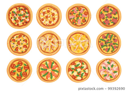 Pizza Set Featuring Various Toppings On Round Crusts. Pepperoni, Mushrooms, Onions, Tomatoes And Olives For Restaurant 99392690