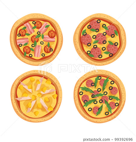 Set Of Crispy Pizza With Golden Crust And Delicious Toppings Isolated On White. Tasty Italian Fastfood Meals 99392696