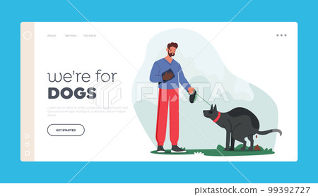 Public Space Cleanliness Landing Page Template. Man Pet Owner Removing Dog Waste after Poop on Street Public Space Cleanliness Landing Page Template. Man Pet Owner Removing Dog Waste after Poop on Street 99392727
