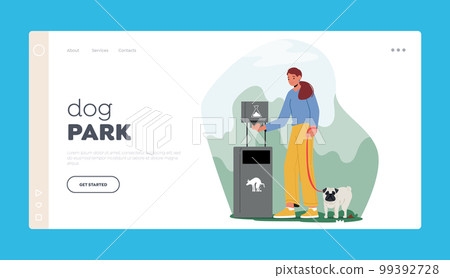 Dog Park Landing Page Template. Woman Take Bag for Cleaning Poo after Dog Poop on Street. Pet Waste Management 99392728