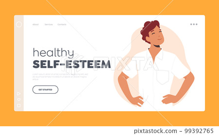 Healthy Self-Esteem Landing Page Template. Man With Arms Akimbo Standing in Confident Posture And Determined Expression 99392765