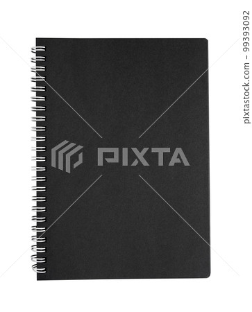 closed notebook cover with metal spiral and black blank pages isolated on white closed notebook cover with metal spiral and black blank pages isolated on white 99393092