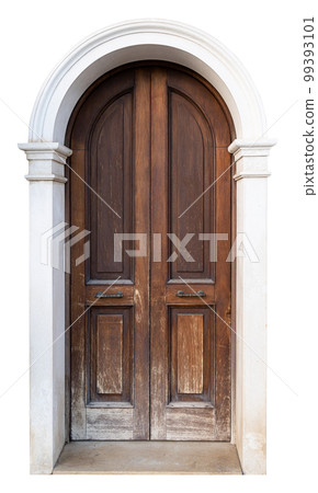 tall vintage brown wooden door with classic marble stone pattern archway isolated on white 99393101