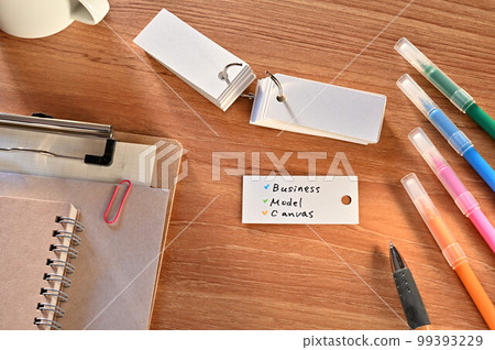 A desk with a vocabulary book labeled Business Model Canvas 99393229