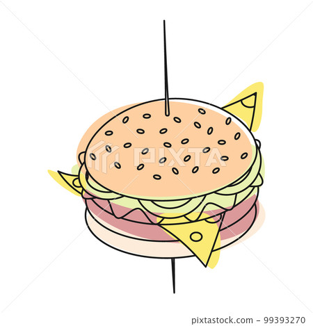 Outline image of a hamburger on a skewer with spots in trendy shades. Fast Food. Happy hamburger day Outline image of a hamburger on a skewer with spots in trendy shades. Fast Food. Happy hamburger day 99393270