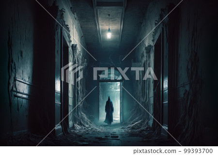 A spooky dark hooded figure walks along an abandoned hallway of a haunted mansion. Generative AI illustration 99393700