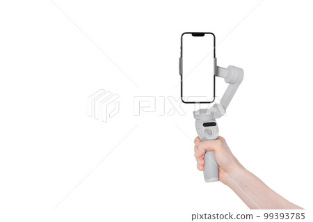 New Mobile gimbal hand holding. New generation of electronic stabilizer. Modern Mobile mockup. Banner with copy space. 99393785