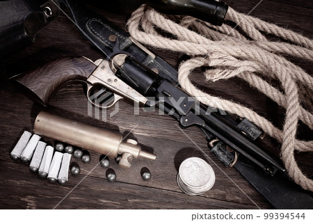 Old West gun - Percussion Army Revolver with paper cartridges, bullets, powder flask and holster 99394544