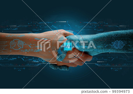 Humans shake hands with AI to show partnership. Machine learning to enable and work together to achieve greater innovation and success. Humans shake hands with AI to show partnership. Machine learning to enable and work together to achieve greater innovation and success. 99394973