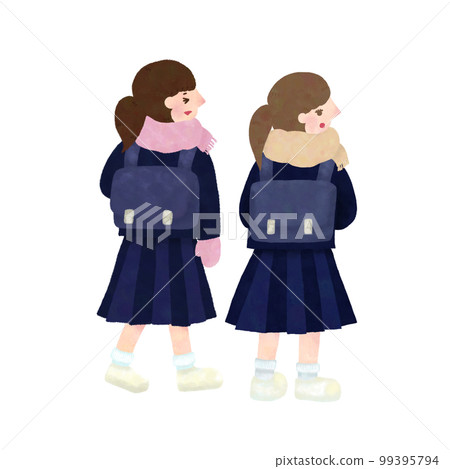 Hand drawn illustration of two students going to school on a cold day Hand drawn illustration of two students going to school on a cold day 99395794
