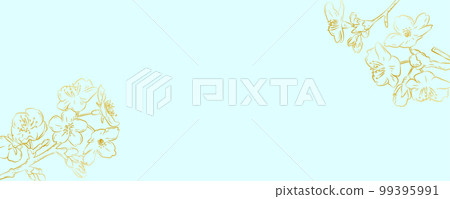 Frame of cherry blossom branches drawn with golden lines Light blue background 99395991