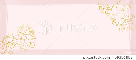 Pink watercolor texture frame with cherry blossom branches drawn with gold lines 99395992