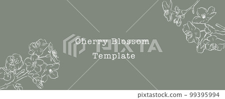 Chalk art-style cherry blossom branch frame drawn with white lines on khaki 99395994