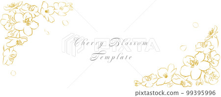 Frame of cherry blossoms and petals drawn with gold lines White background Frame of cherry blossoms and petals drawn with gold lines White background 99395996