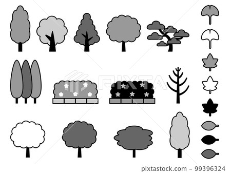Set of various trees, roadside trees and leaves 4 Monotone 99396324