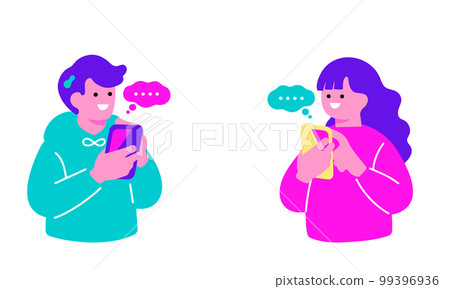 Illustration of men and women using smartphones Illustration of men and women using smartphones 99396936