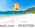 Swim Here flag on the beach as a safety information for tourist that it safe to swim in the sea, Phuket, Thailand 99397000