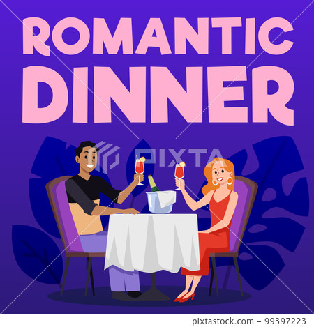 Romantic dinner poster template with happy couple sitting at restaurant, flat vector illustration. 99397223