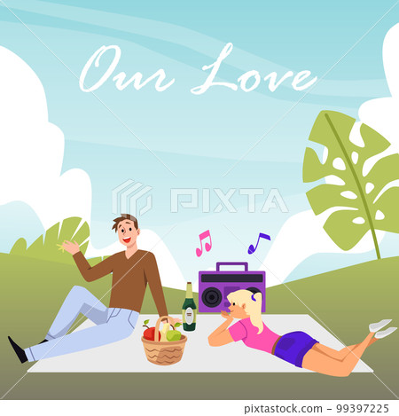 Happy couple in love having picnic date in the park, poster template - flat vector illustration. 99397225