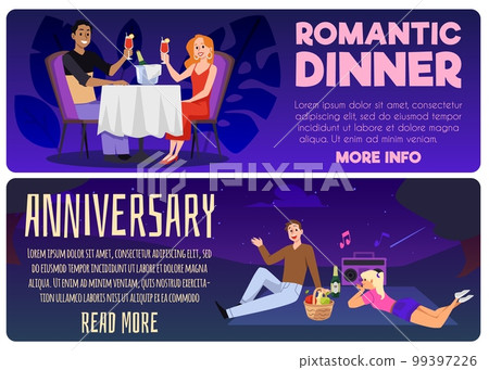 Romantic dinner or anniversary celebration web banners set, flat vector illustration. Romantic dinner or anniversary celebration web banners set, flat vector illustration. 99397226
