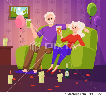 Happy couple of senior people relaxing on sofa with drinks, flat vector illustration. Happy couple of senior people relaxing on sofa with drinks, flat vector illustration. 99397228