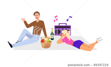 Man and woman having picnic date, flat vector illustration isolated on white background. Man and woman having picnic date, flat vector illustration isolated on white background. 99397229
