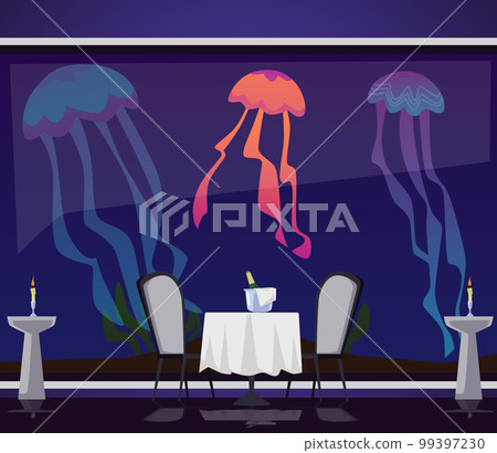 Empty restaurant with champagne bottle on table and big aquarium with jellyfishes, flat vector illustration. Empty restaurant with champagne bottle on table and big aquarium with jellyfishes, flat vector illustration. 99397230