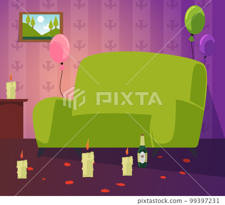 Empty sofa with lighted candles, rose petals, champagne bottle and balloons - flat vector illustration. Empty sofa with lighted candles, rose petals, champagne bottle and balloons - flat vector illustration. 99397231