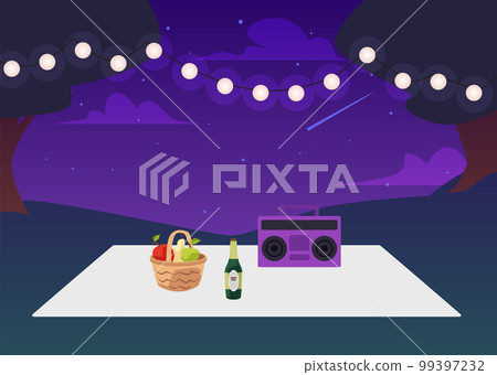 Romantic date night outdoors with tablecloths served for two, flat vector. Romantic date night outdoors with tablecloths served for two, flat vector. 99397232